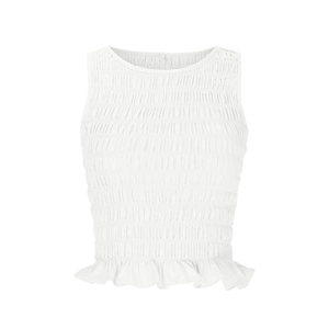 Detail view of white smocked fabric and ruffled hem on sleeveless cropped top