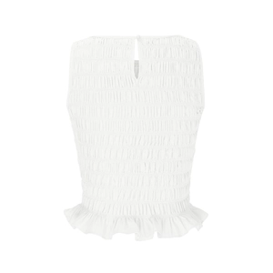 Detail of white smocked sleeveless top featuring a ruffled hem and back keyhole closure