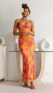 Maxikleid aus Satin mit Blumenmuster, Wasserfallausschnitt und Wickelband an der Taille
