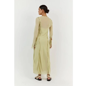 Elegant light green long chiffon dress with drawstring cuffs and back seam details