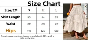 Size chart for summer plaid tiered maxi skirt with measurements for S, M, and L sizes