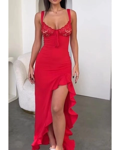 Detail of red slim fit dress with lace patchwork, tie-up chest and ruffled slit hem