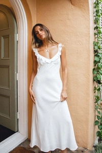 Detailed view of elegant white V-neck maxi dress with ruffled trim and silky fabric