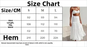 Detailed size chart for the white tiered maxi skirt showing measurements for S, M, L