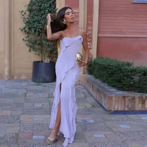 Elegant lavender off-shoulder slit maxi dress with ruffle detailing for formal events