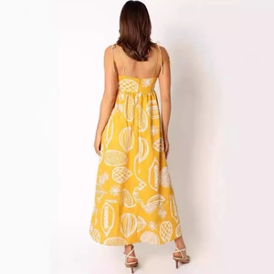 Detailed back view of a yellow floral maxi dress with adjustable straps and invisible zipper