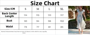 Size chart for floral dress showing S to XL measurements in CM for chest and length