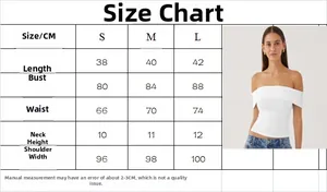 Detailed size chart for white off-shoulder slim-fit T-shirt with measurement specifications