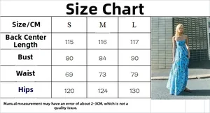 Size chart for high-waisted floral halter maxi dress with detailed CM measurements