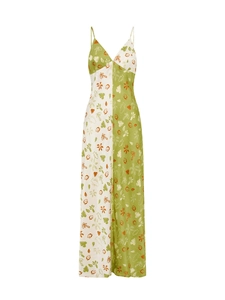 Abito lungo estivo con scollo a V e stampa tropicale verde e crema da donna