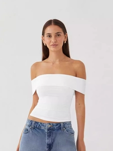 Women Off Shoulder Slim Fit T-Shirt Sexy Hot Girl Style Solid Color Short Sleeve Summer Top Casual Minimalist Tee
