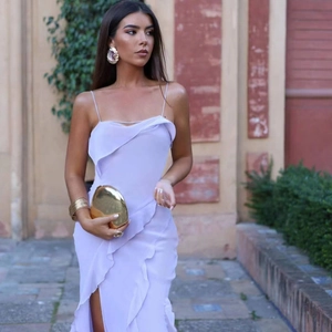Elegant lavender off-shoulder ruffled slit maxi dress with adjustable straps