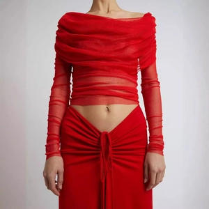 Elegant red sheer mesh off-shoulder long sleeve top with ruched skirt set for women