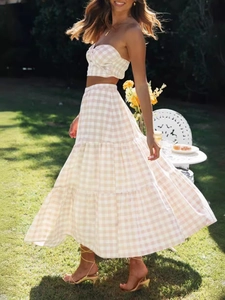 Women Summer Gingham Tiered Maxi Skirt Casual High Waist Plaid A-Line Cake Skirt For Vacation Beach Holiday