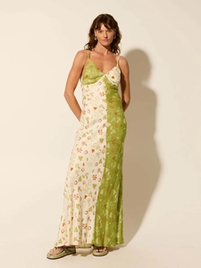 Abito lungo da donna con scollo a V, stampa tropicale a contrasto e linea aderente