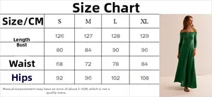 Size chart for off-shoulder slim dress showing S-XL measurements in centimeters
