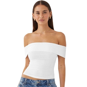 Detail of white off-the-shoulder slim fit top with fold-over neckline and elastic fabric