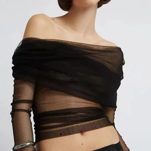 Black mesh off-shoulder long sleeve top with stylish criss-cross ruched waist detail