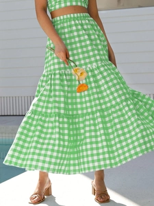 Summer green and white gingham two-piece set featuring a cropped top and tiered maxi skirt