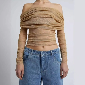 Slim fit off-shoulder mesh long sleeve top in bronze bronze brown for women