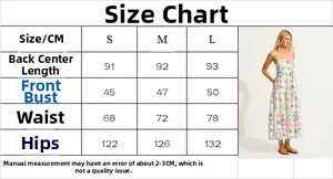 Detailed size guide table for floral backless summer dress showing S, M, and L measurements