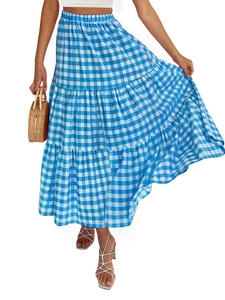 Blue and white gingham tiered maxi skirt with elastic waist for a summer holiday look