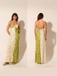 Abito da Donna Sexy in Contrasto di Colore con Stampa Floreale Tropicale Scollo a V Schiena Scoperta Abito Maxi per Vacanze