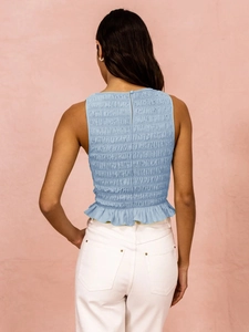 Detail of the elastic smocked texture and back button closure on light blue ruffled top