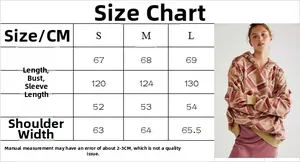 Detailed size chart for women's printed oversized hoodie with measurement guides in CM