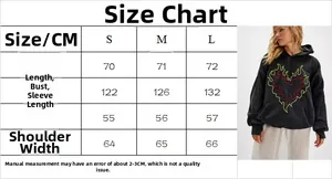 Size chart for embroidered hooded sweatshirt with bust, length, and shoulder measures