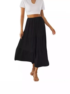 Elegant black tiered maxi skirt with elastic high waist for summer beach vacation style