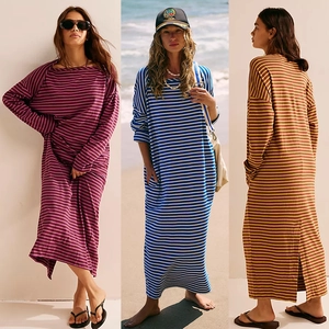 Detailed close-up showing three color options of long-sleeve striped maxi dresses with back slit