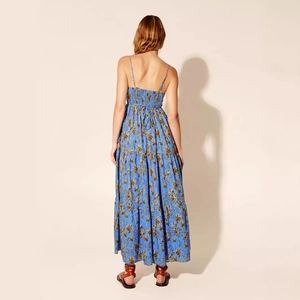 Detailed back view of a blue floral boho maxi dress with smocked back and spaghetti straps