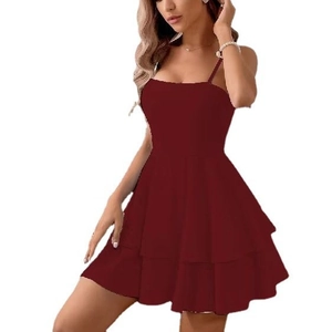 Elegant deep red tiered summer dress with spaghetti straps and open back for parties