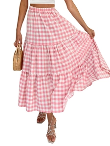 Pink and white checkered tiered maxi skirt with high elastic waist in summer style