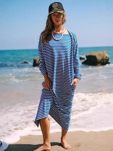 Blue and white striped oversized long-sleeve dress with pockets for women beach casual wear