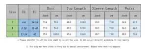Detailed size chart for V-neck ruffled dress with US/EU measurements in cm and inches