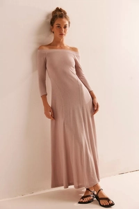 Detail of off-shoulder dusty pink slim-fit dress with textured knit long sleeves
