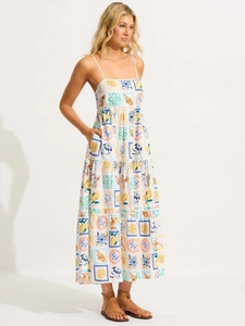 Women's off-shoulder floral maxi dress with Mediterranean colorful hand-drawn prints