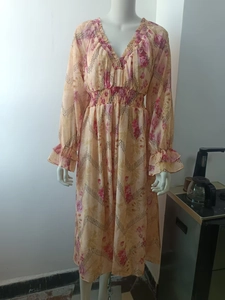 Detail of V-neck floral chiffon dress featuring ruffle collar and elastic waist design