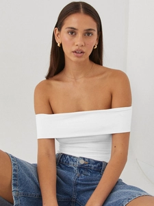 Slim fit off-shoulder white T-shirt for women paired with classic blue denim shorts