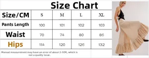 Size chart for women's beige wide leg flare trousers with length waist and hip measurements