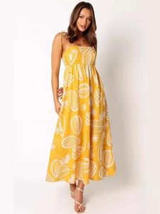 Summer yellow floral maxi dress with spaghetti straps and high waist fruit print