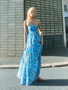 Sexy Floral Print Spaghetti Strap Maxi Dress For Women Backless High Waist Tiered A-Line Summer Vacation Long Dress