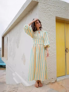 Robe Longue Sexy Dos Nu à Rayures pour Femmes Taille Haute Plissée Manches Lanterne Polyester Lacet Rue Vacances Robe Longue