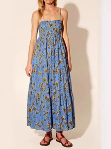 Sky blue floral tiered maxi dress with smocked bodice and thin spaghetti straps