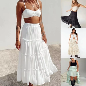 Women Bohemian Tiered Maxi Skirt High Waist Elastic A-Line Cake Skirt Floral Solid Summer Beach Casual Fashion Long Skirt