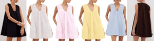 Detail view of the V-neck pleated sleeveless A-line summer dress in six available colors