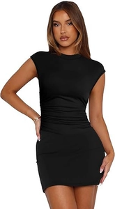 Detail of ruched side texture on black sleeveless bodycon mini dress for women