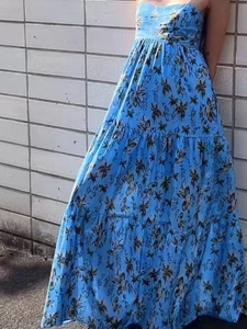 Summer blue floral print off-the-shoulder maxi dress with tiered skirt and lace-up back detail